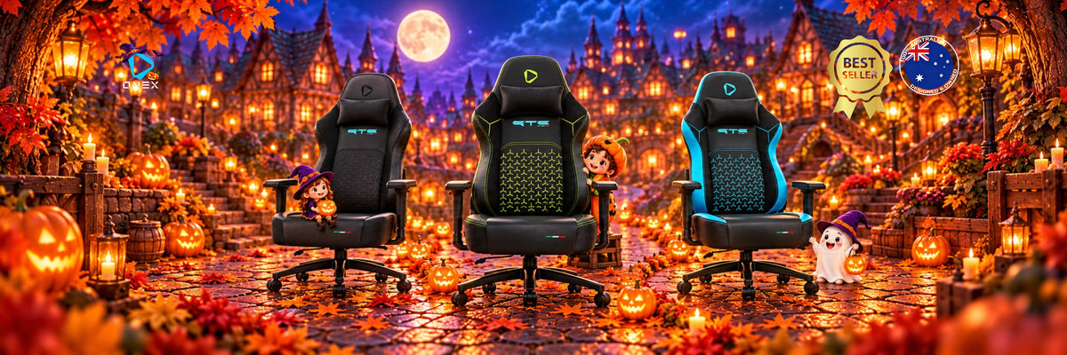 Three ONEX gaming chairs in a Halloween village