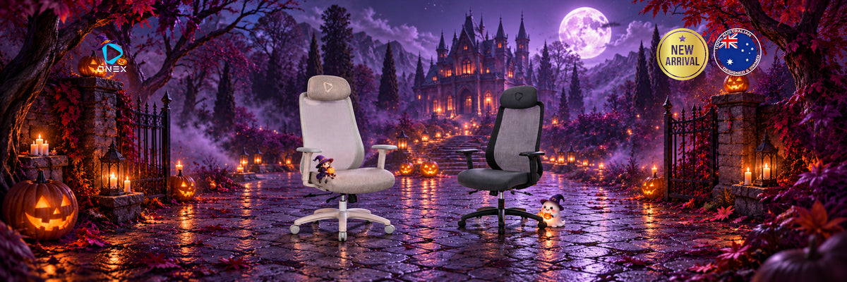 Light and dark ONEX office chairs in a Halloween castle scene
